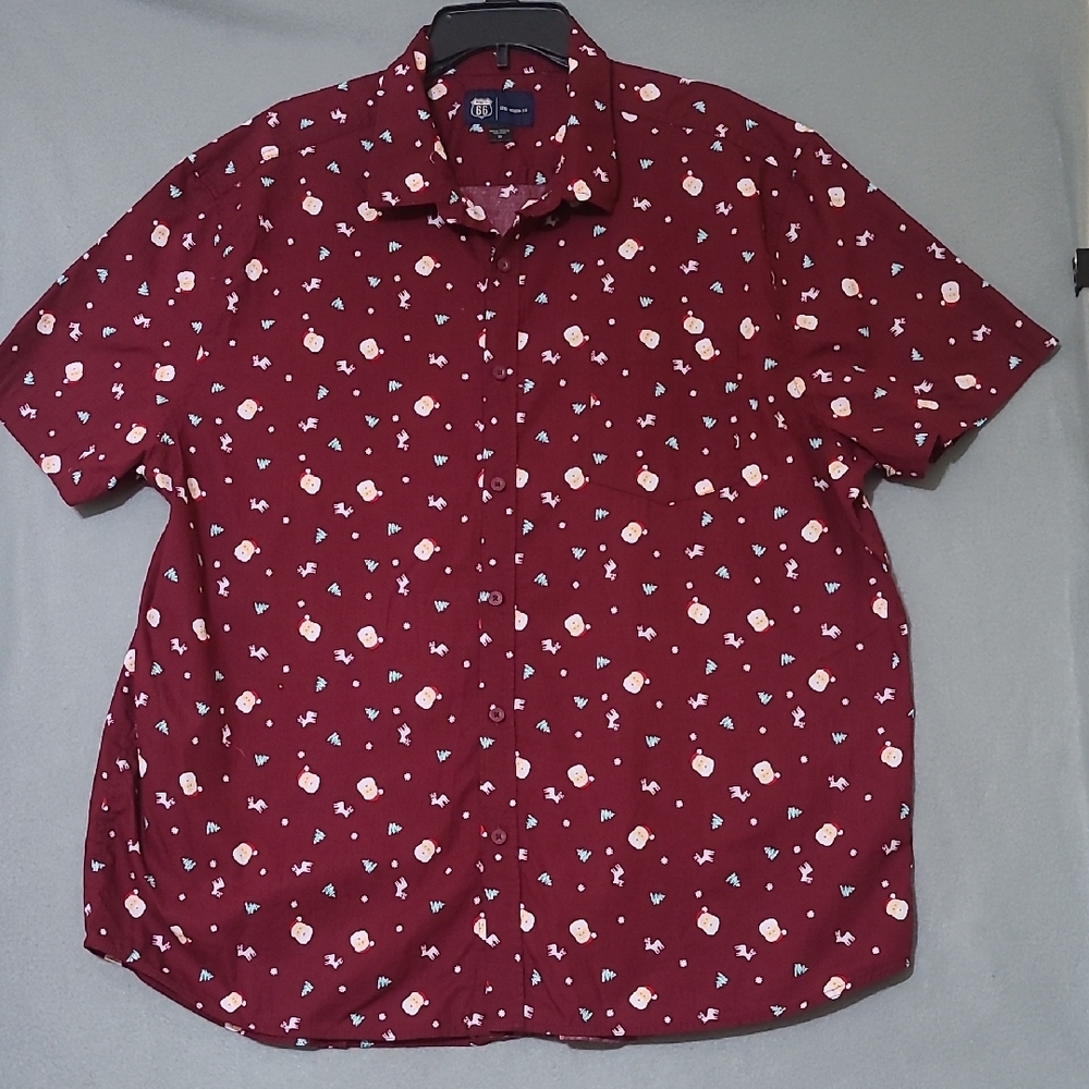 ROUTE 66 Men's Maroon Short Sleeve Christmas Patterned Shirt - Size‎ 2X